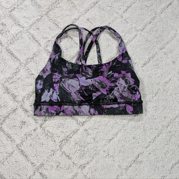 Lululemon Sports Bra Women's 4 Black Purple Floral Shift Energy Yoga Strappy - Picture 2 of 5